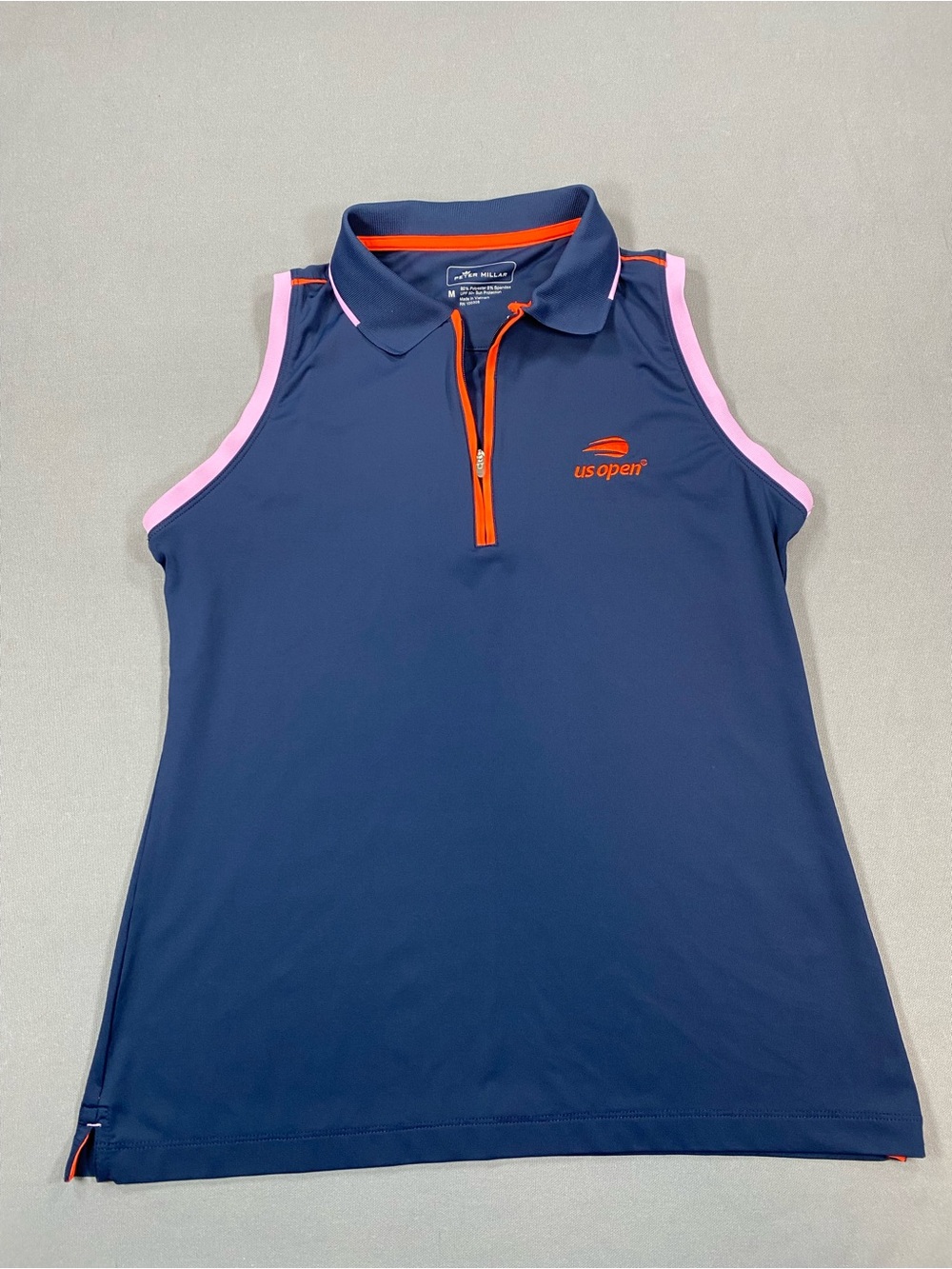 Peter Millar Navy Sleeveless Polo with Pink Trim and Orange Accents
